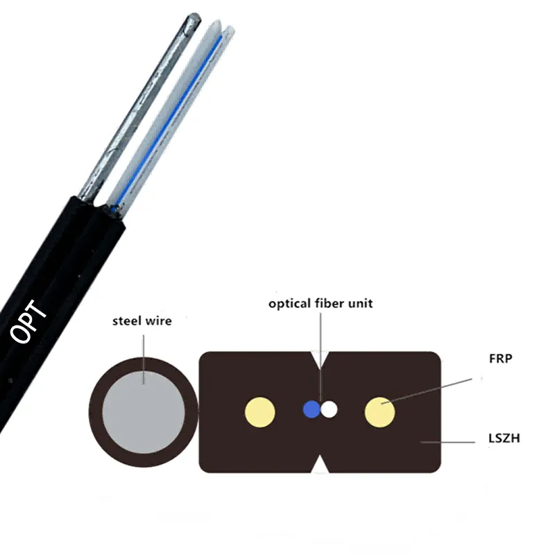 Fiber optical drop cable single mode 1 cores G657 2FRP and steel wire 1.0mm，GJYXFCH OPT-FTTHS1-1