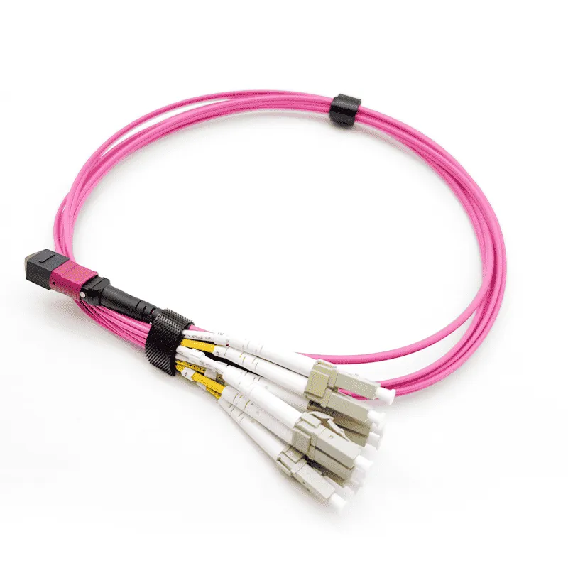 MPO cable Harness ,MPO-8 APC (Female) to 4 LC UPC Duplex, 8 Fibers, Multimode (OM4), Plenum (OFNP), 0.35dB Max,Magenta