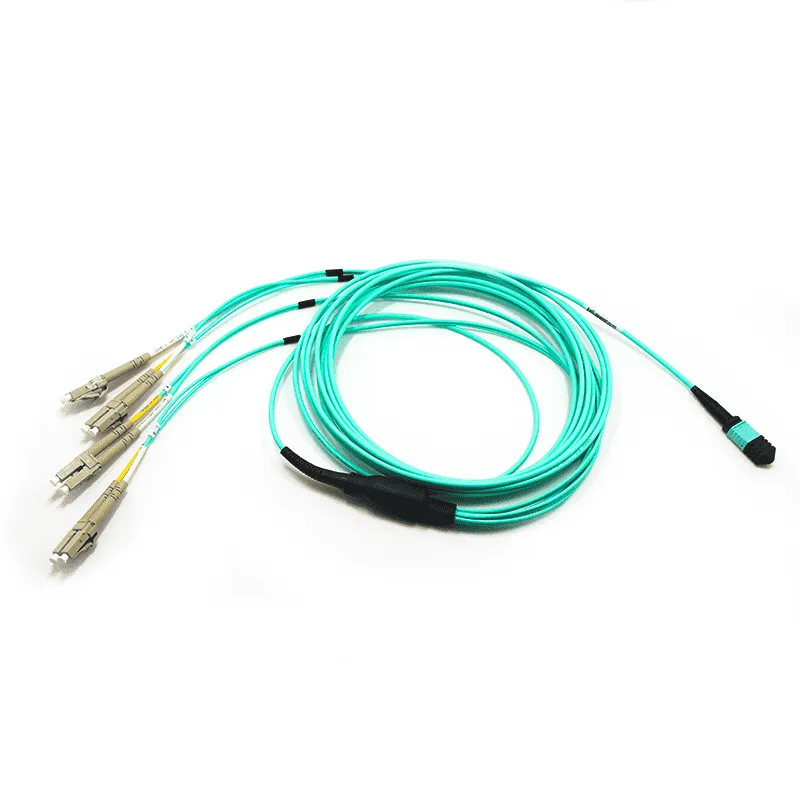 Arnés óptico MPO cable, MPO-8 APC (hembra) a 4 LC UPC dúplex, 8 fibras, multimodo (OM3)-01